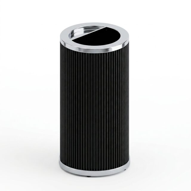 Solvang ash tray cylindrical trash and ash receptacle with black fluted body and polished chrome trim