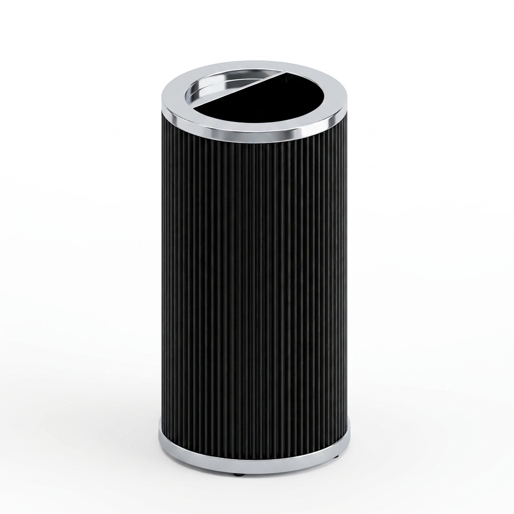 Solvang ash tray cylindrical trash and ash receptacle with black fluted body and polished chrome trim