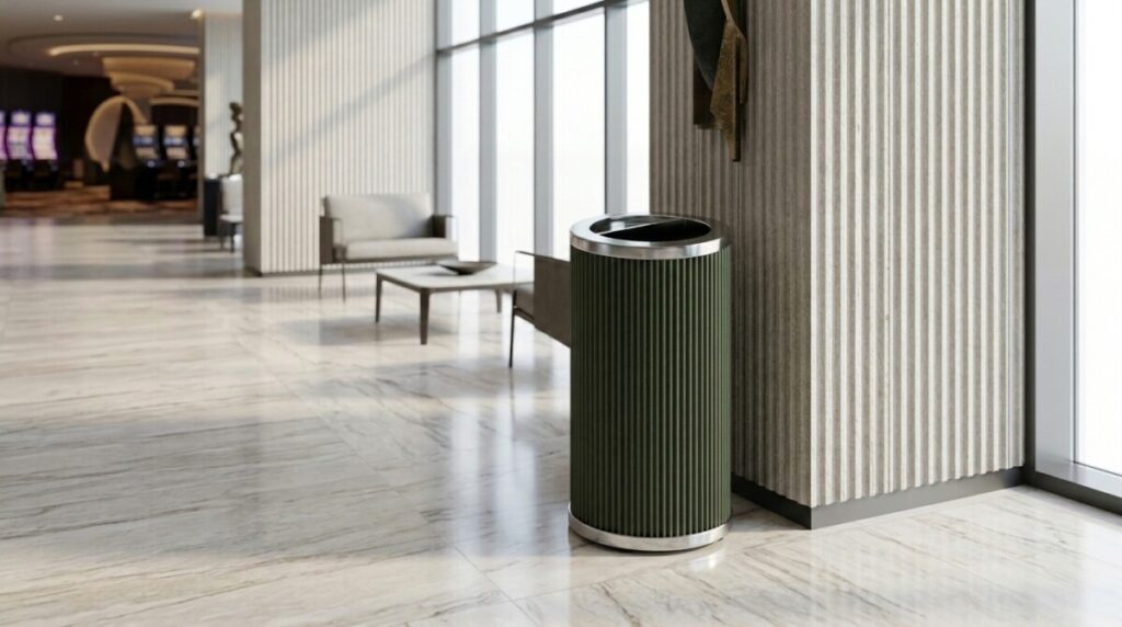 Solvang ash tray in olive green finish displayed in a luxury hotel lobby with marble floors
