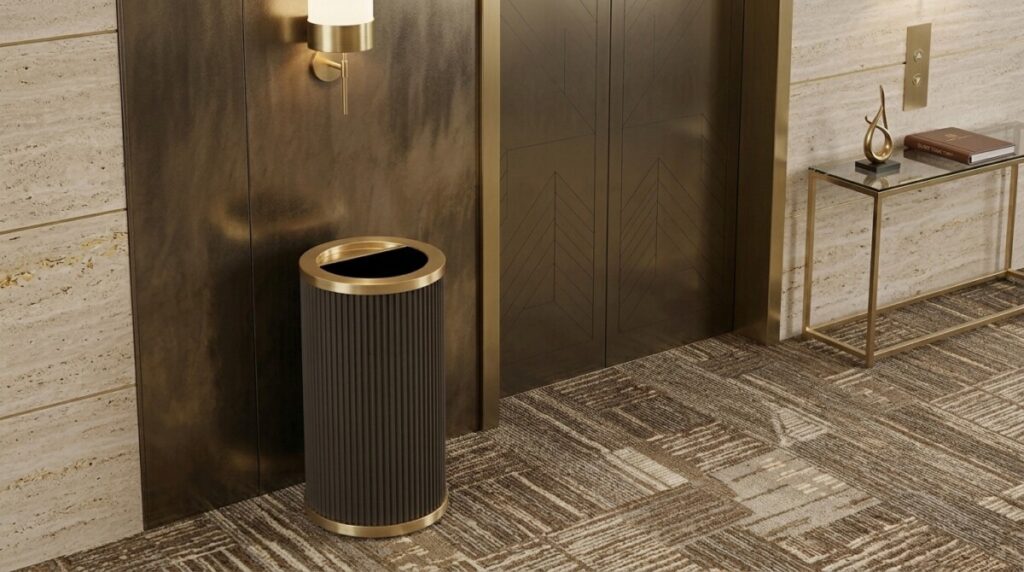 Solvang ash tray in dark gray finish with brushed gold trim in an upscale elevator lobby