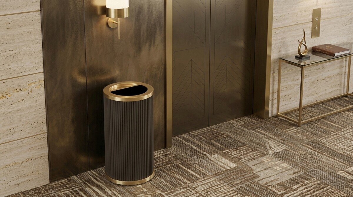 Solvang ash tray in dark gray finish with brushed gold trim in an upscale elevator lobby
