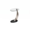 Scoop 250 C-shaped accent table with oval glass top, brushed metal arm, and dark stone base
