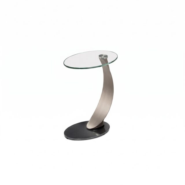 Scoop 250 C-shaped accent table with oval glass top, brushed metal arm, and dark stone base