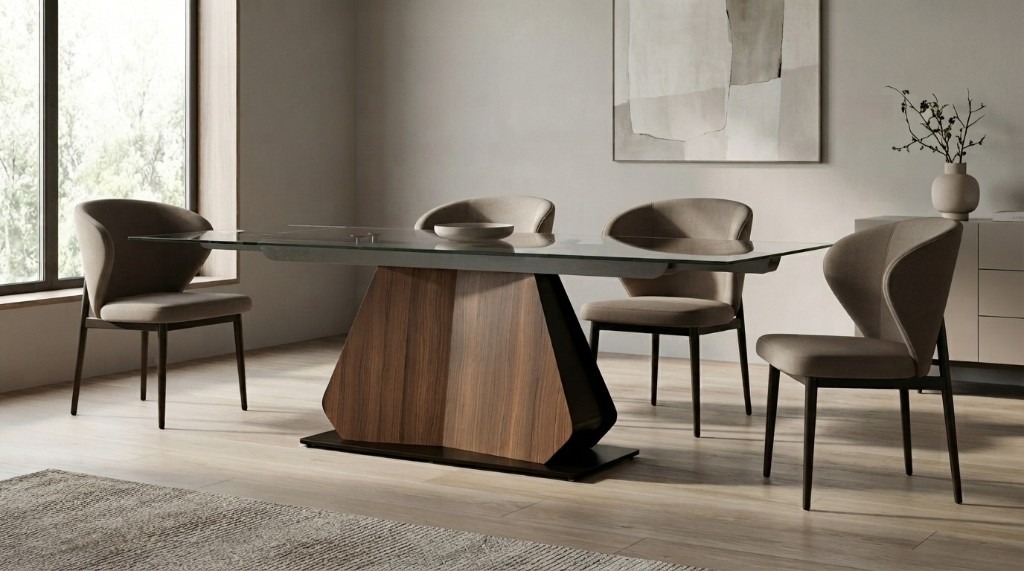 Seville dining table with glass top and walnut base, shown with taupe dining chairs in a modern dining room