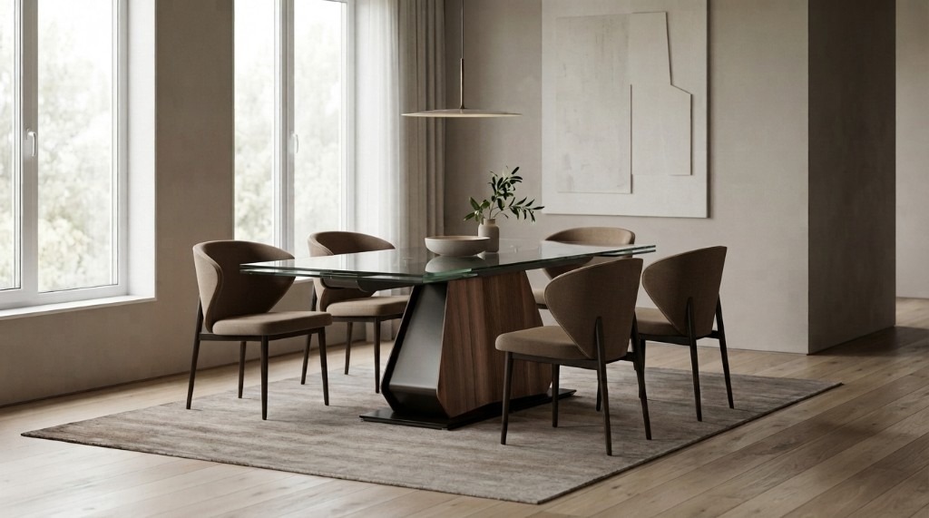 Seville glass-top dining table with sculptural walnut and metal base, four taupe chairs, and pendant lighting