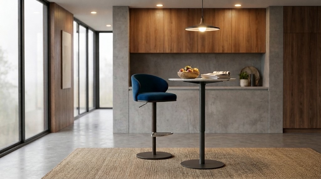 Seville 4082B-H navy velvet bar stool with marble bistro table in a modern kitchen