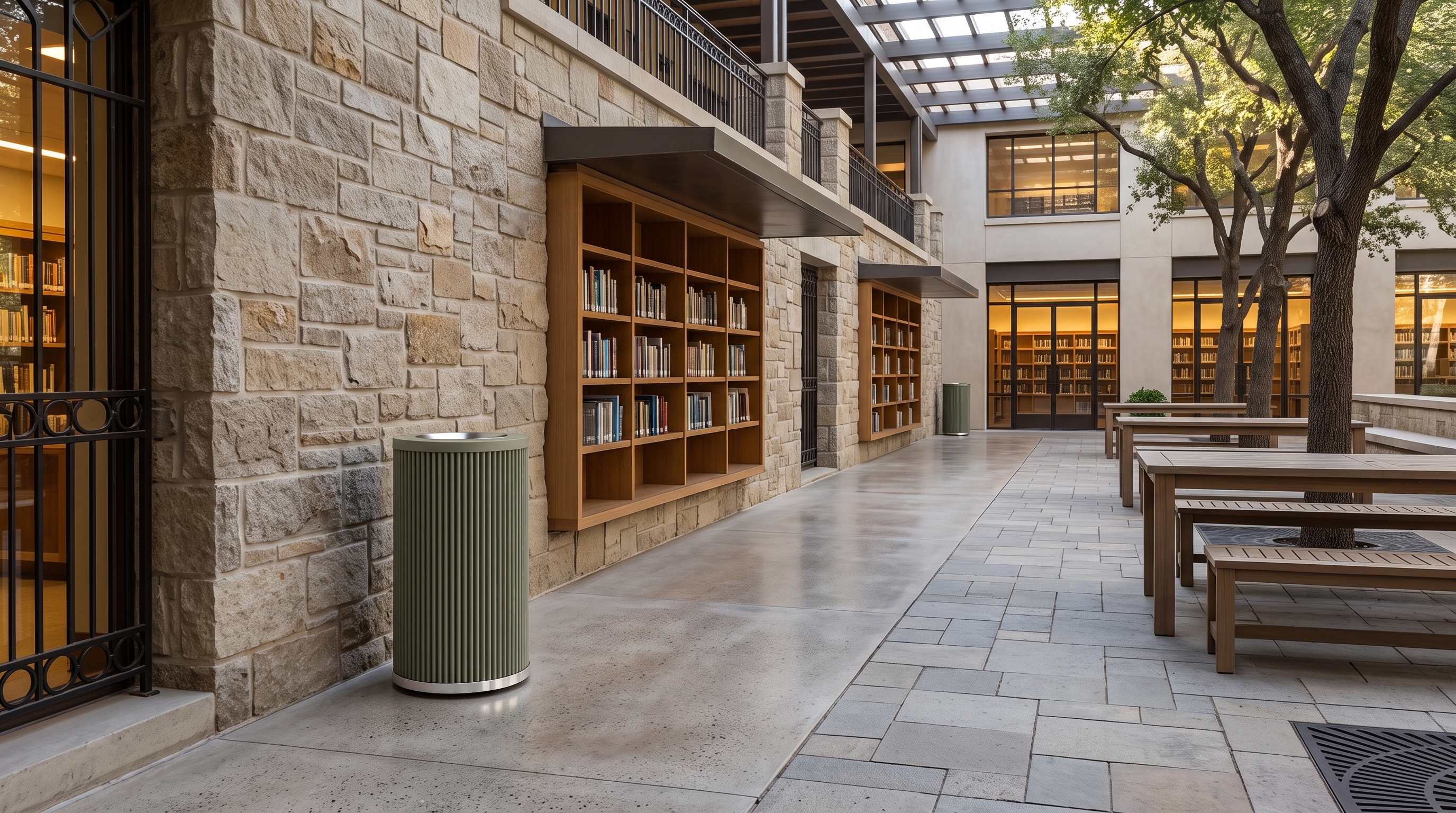 Solvang Outdoor trash receptacle in a library courtyard