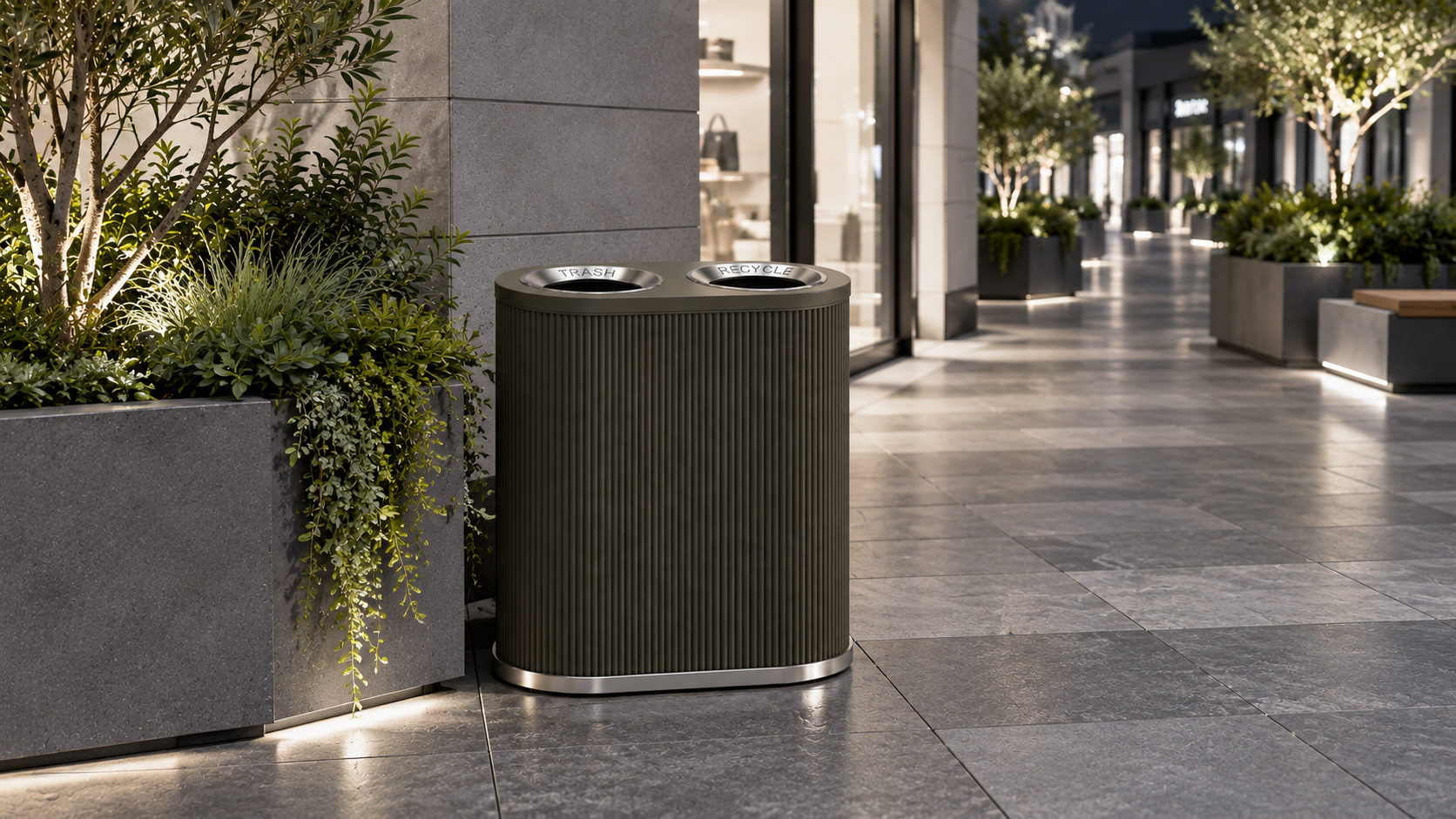 Solvang Outdoor double trash receptacle at a retail corridor