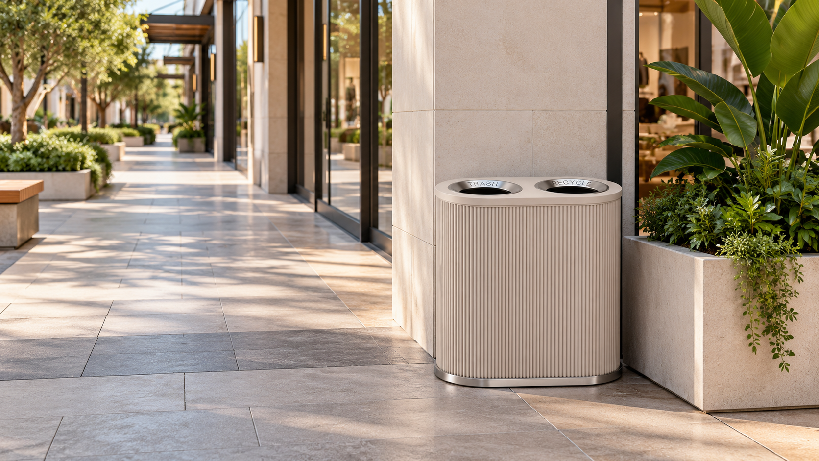 Solvang Outdoor double trash receptacle at a shopping promenade