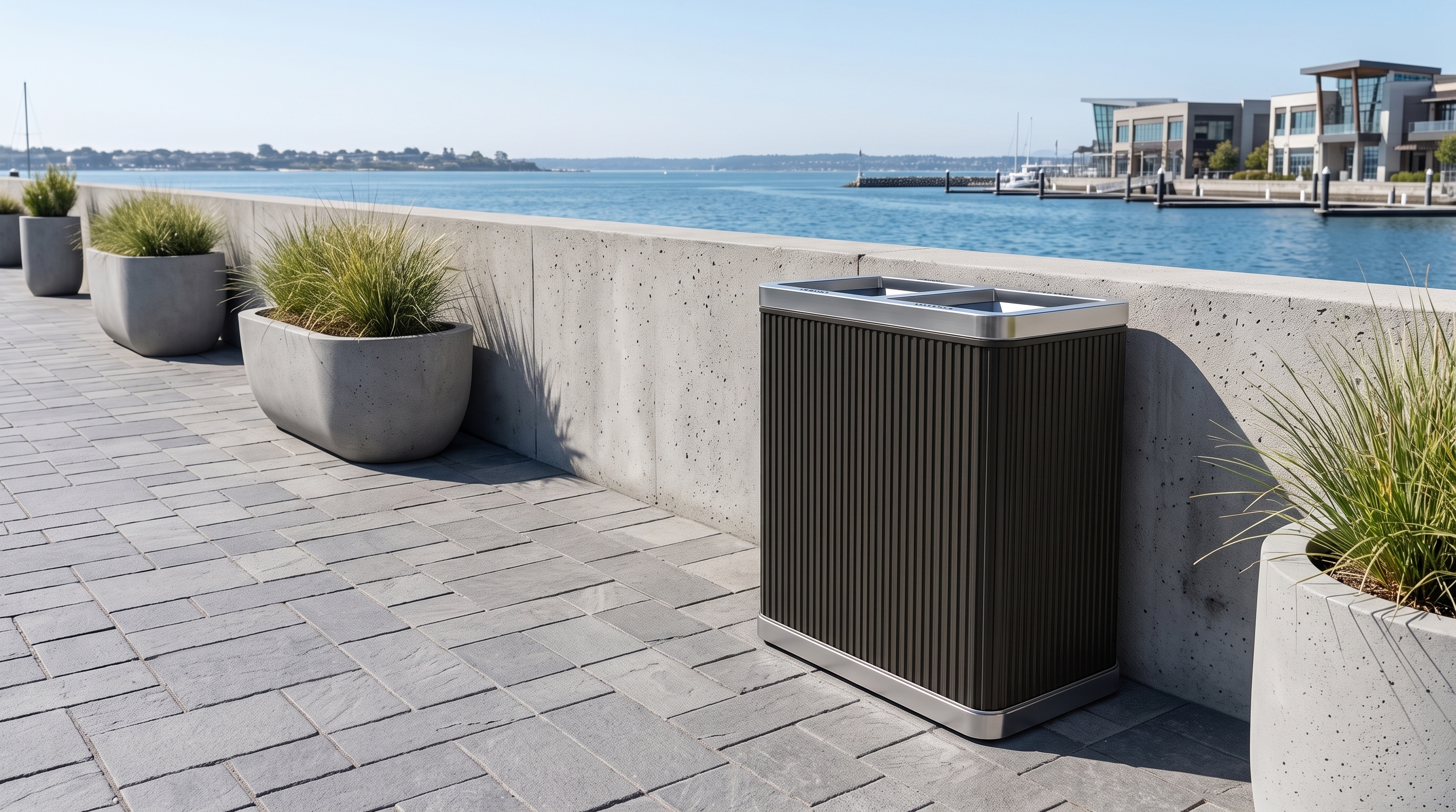Solvang Outdoor rectangle trash receptacle at a waterfront