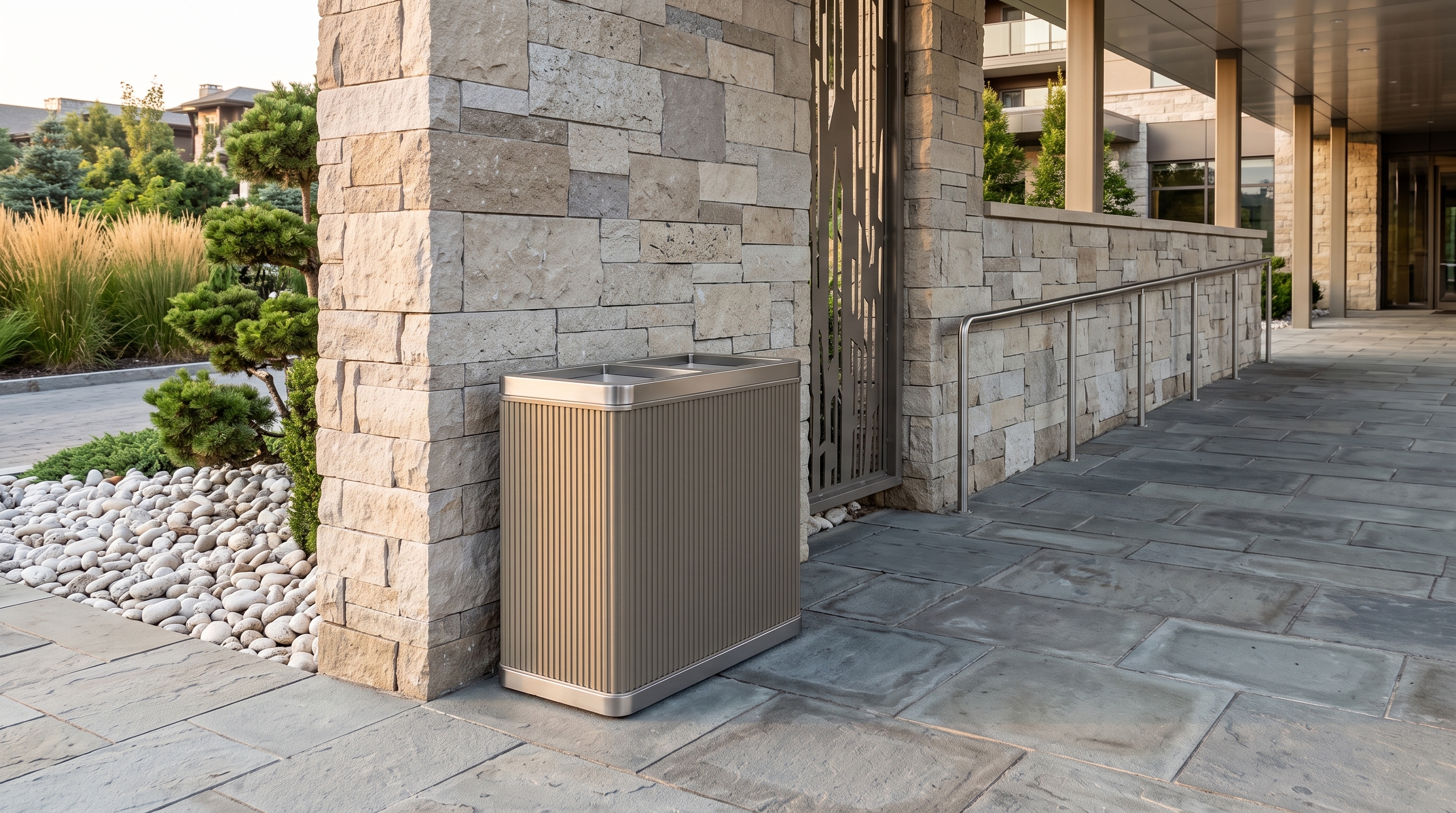 Solvang Outdoor rectangle trash receptacle at a stone lodge