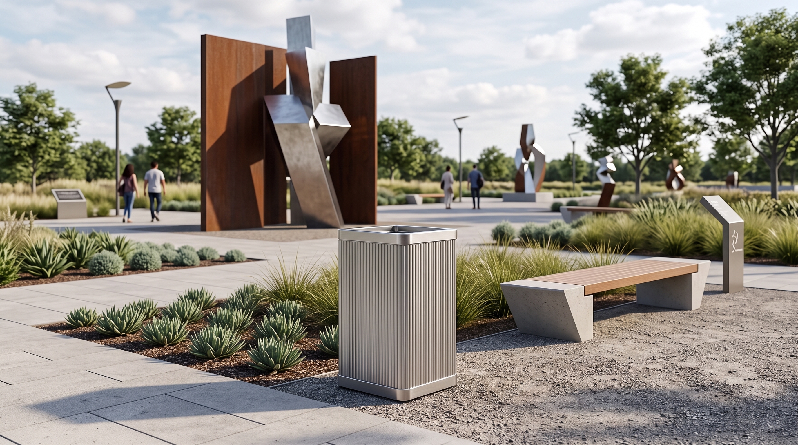 Solvang Outdoor square trash receptacle in a sculpture park
