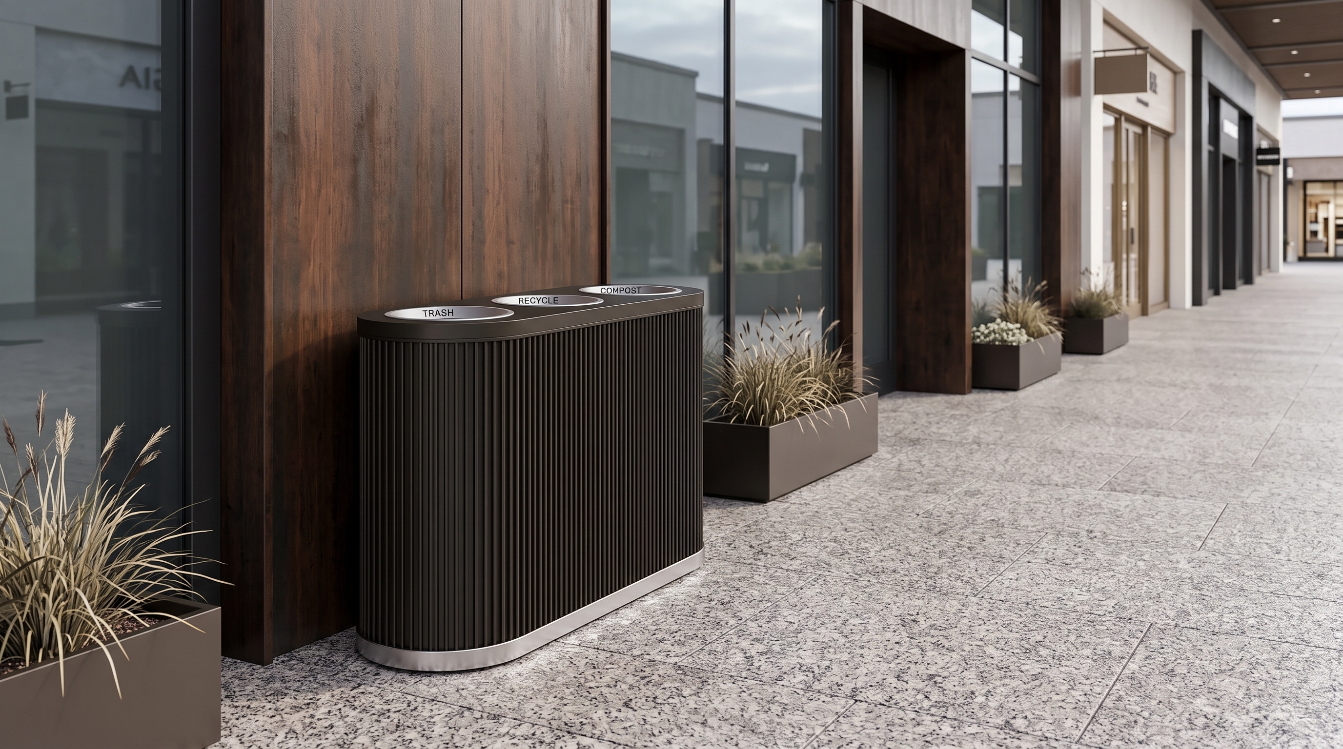 Solvang Outdoor triple trash receptacle at a retail walkway