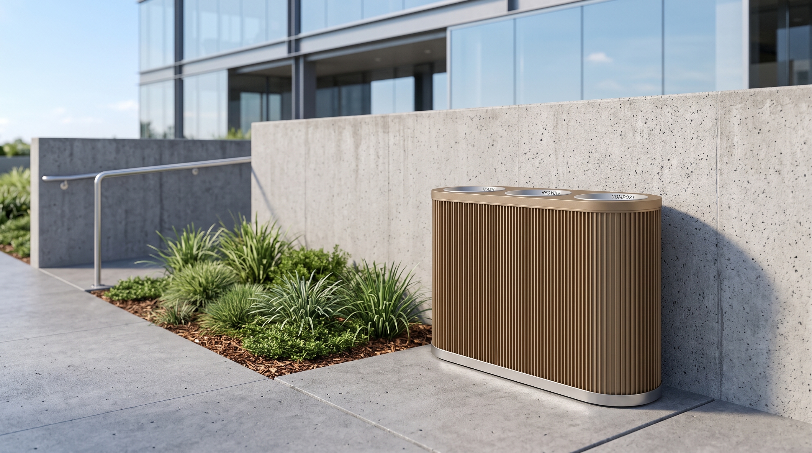 Solvang Outdoor triple trash receptacle at a concrete plaza