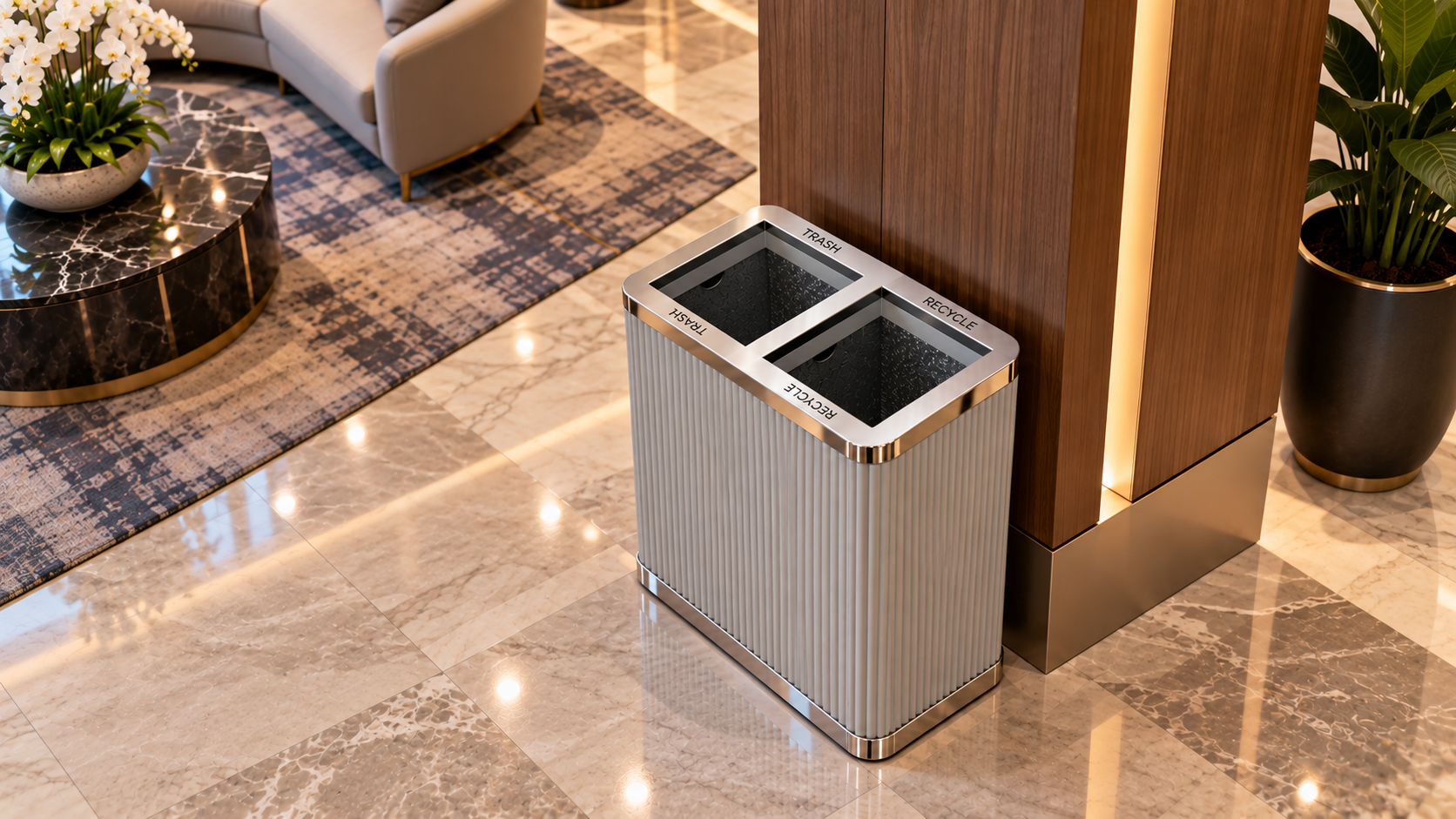 Solvang recycle-trash receptacle in a hotel lobby
