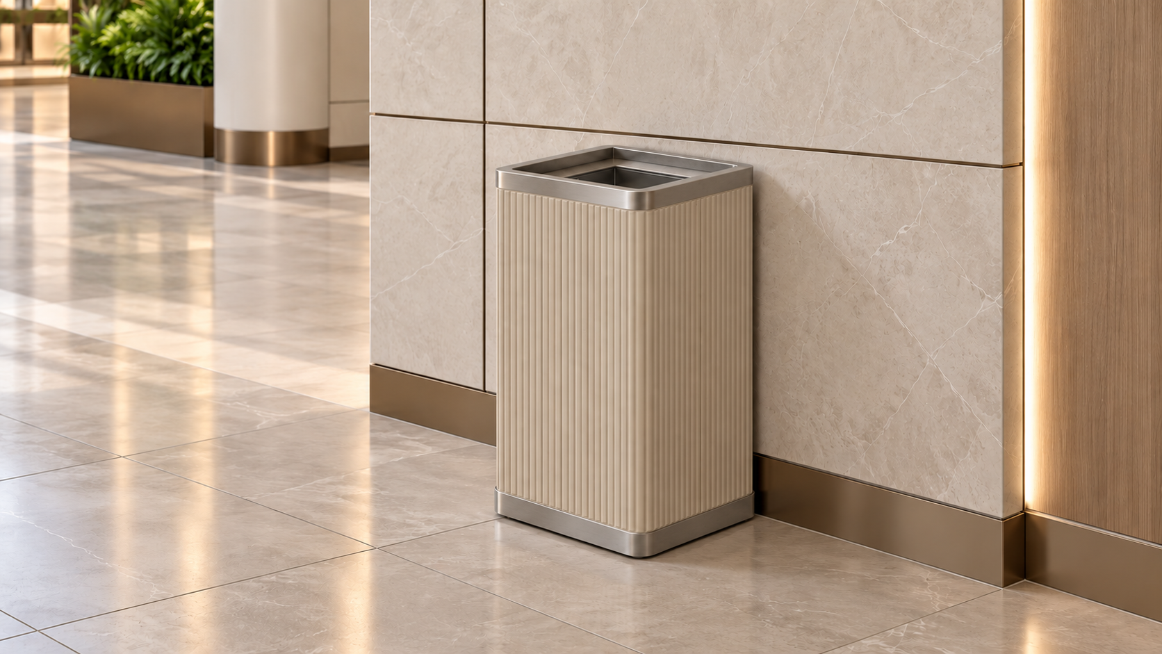 Solvang square trash receptacle in a hotel corridor